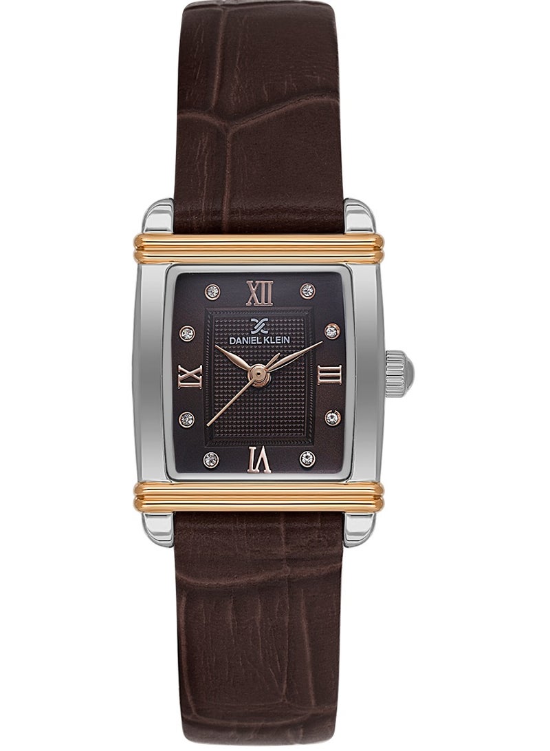 DANIEL KLEIN Women's Leather Silver and Rose Gold Alloy Case Analog Dark Brown Square Emboss Dial Japanese Quartz Premium 30 Meters Water Resistant - Image 1